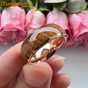 New Domed Polished 8mm Cool Whiskey Barrel Oak Wood Tungsten Comfort Fit Engagement Wedding Rings for Men Women - The Jewellery Supermarket